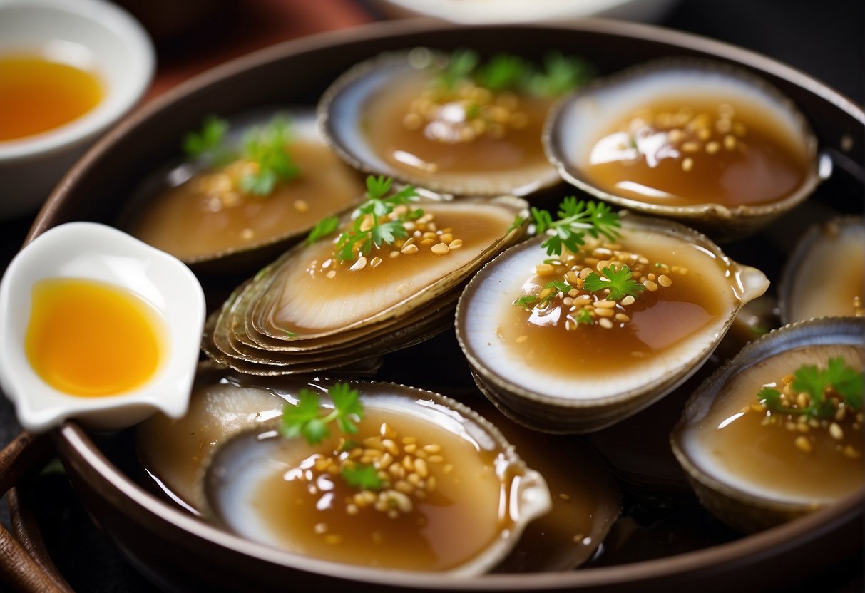 Braised abalone simmering in aromatic Chinese seasonings, surrounded by ginger, garlic, and green onions. Soy sauce and oyster sauce add depth to the rich, savory aroma