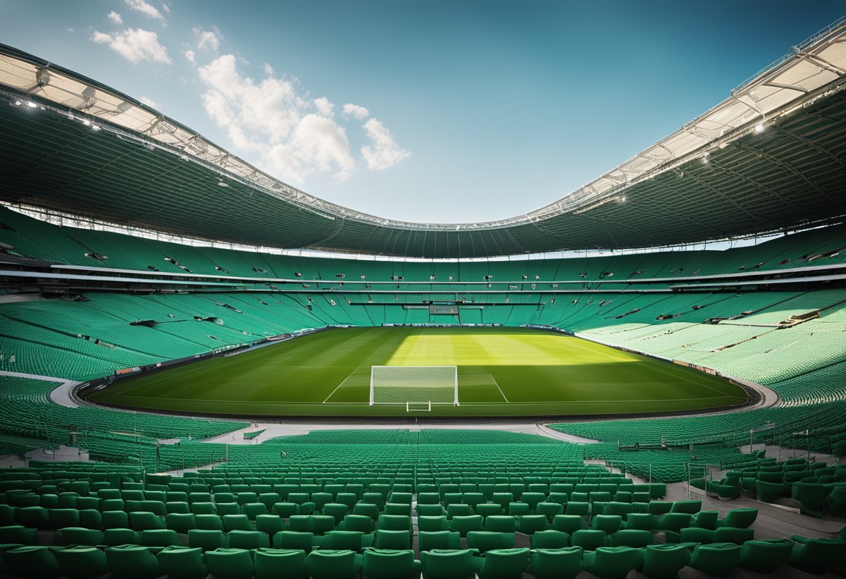 The stadium's sleek, modern design features a curved roof and towering floodlights, surrounded by a sea of vibrant green seats