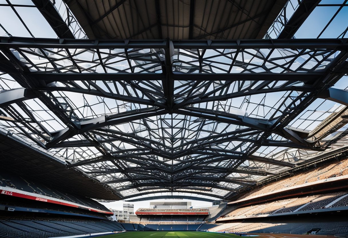 The intricate steel trusses span the stadium, supporting the massive roof. Crisscrossing beams create a geometric pattern, while the translucent panels allow natural light to filter through, illuminating the impressive structure