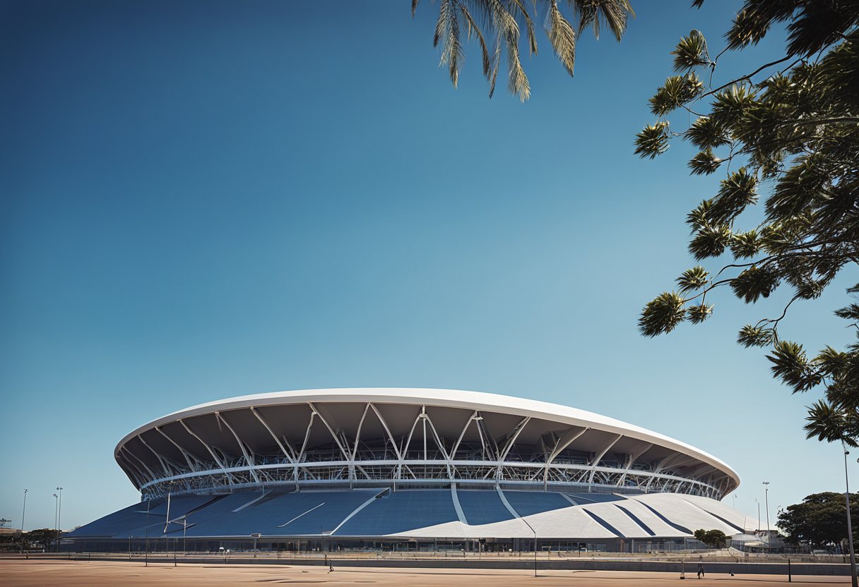 The Nelson Mandela Bay Stadium rises against the blue sky, its unique curved roof and sleek lines showcasing modern construction features