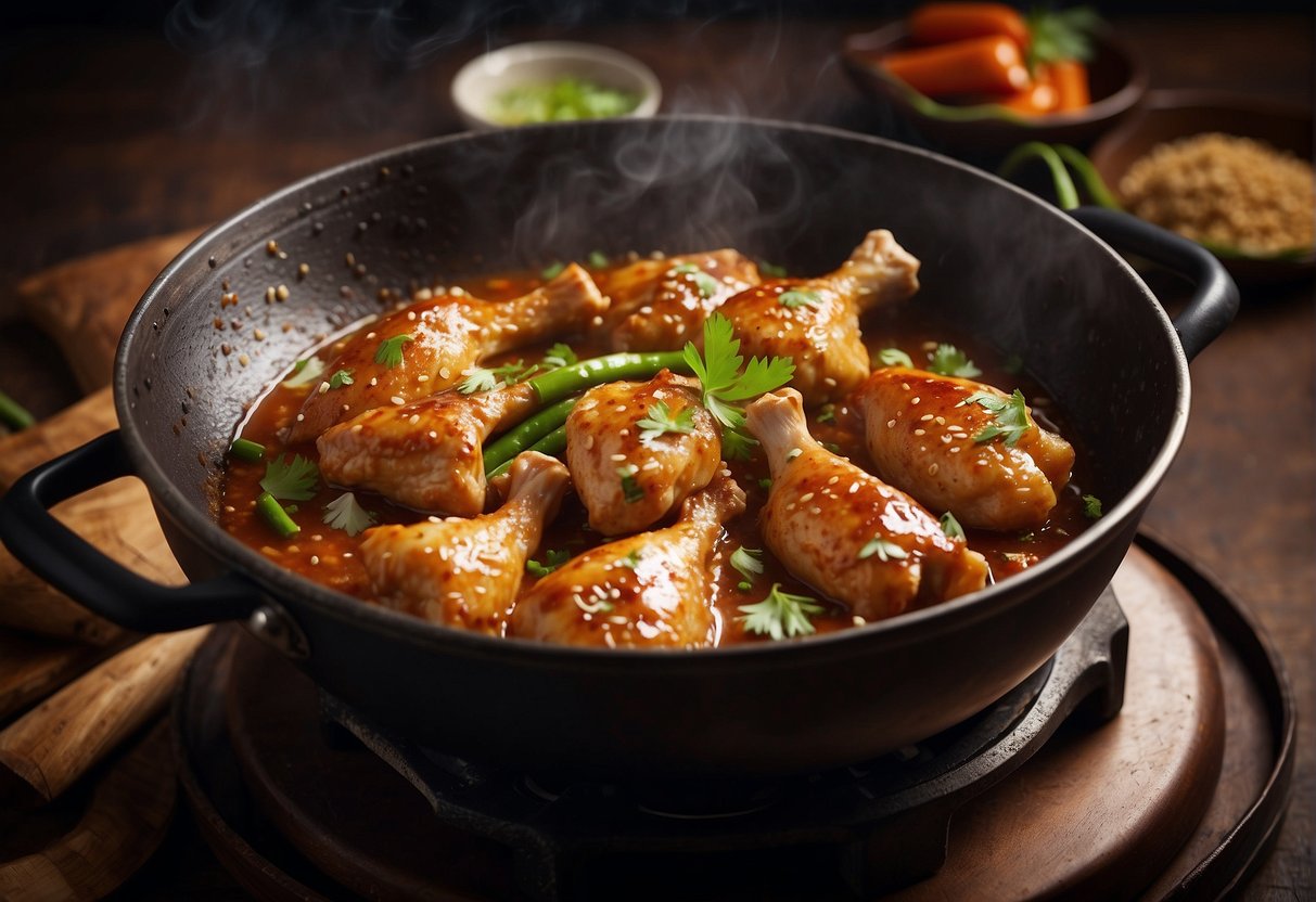 A bubbling wok sizzles with tender chicken drumsticks in a fragrant, savory Chinese braising sauce, surrounded by aromatic spices and herbs