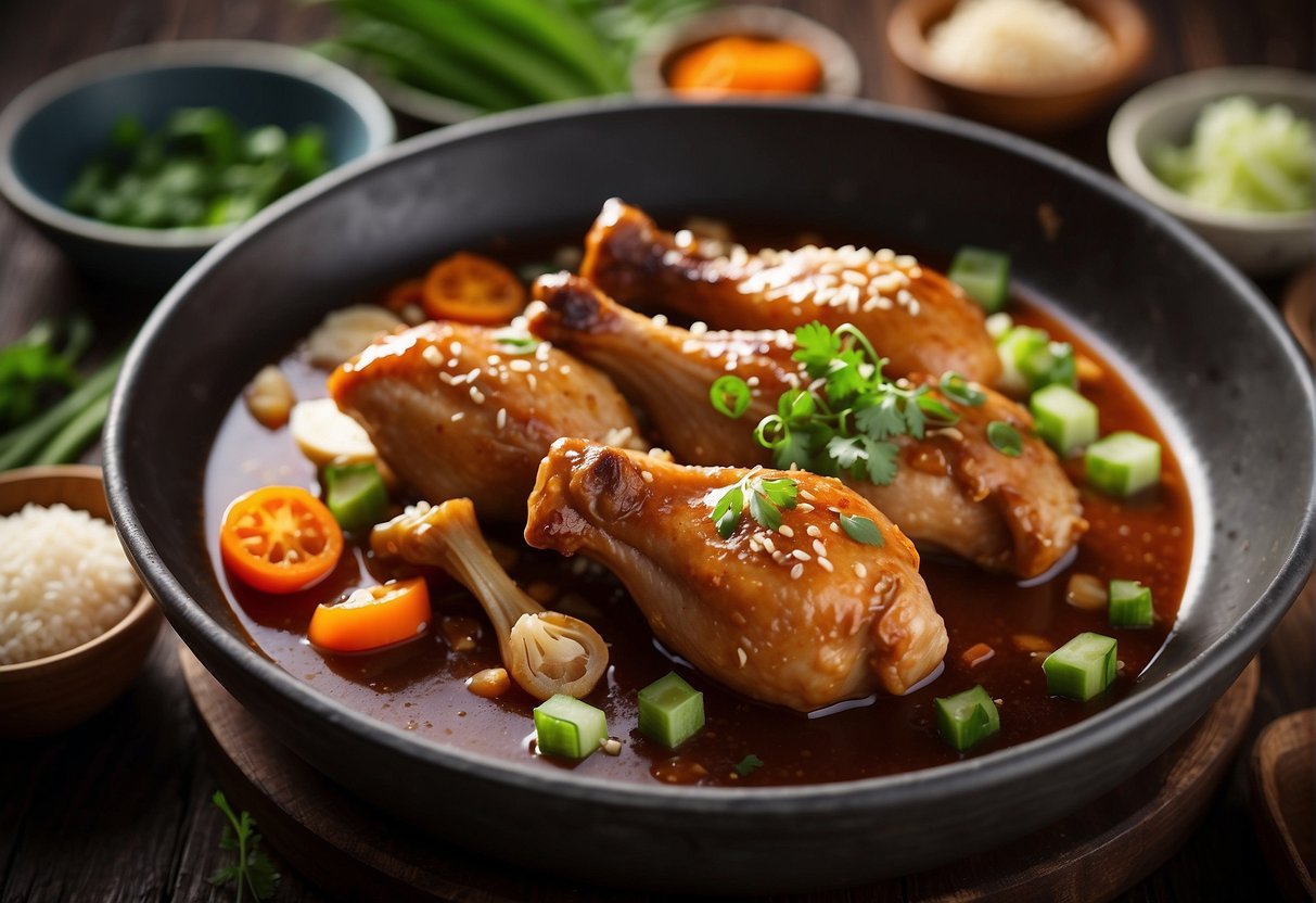 Braised chicken drumsticks simmer in a rich Chinese sauce, surrounded by essential ingredients like soy sauce, ginger, garlic, and green onions