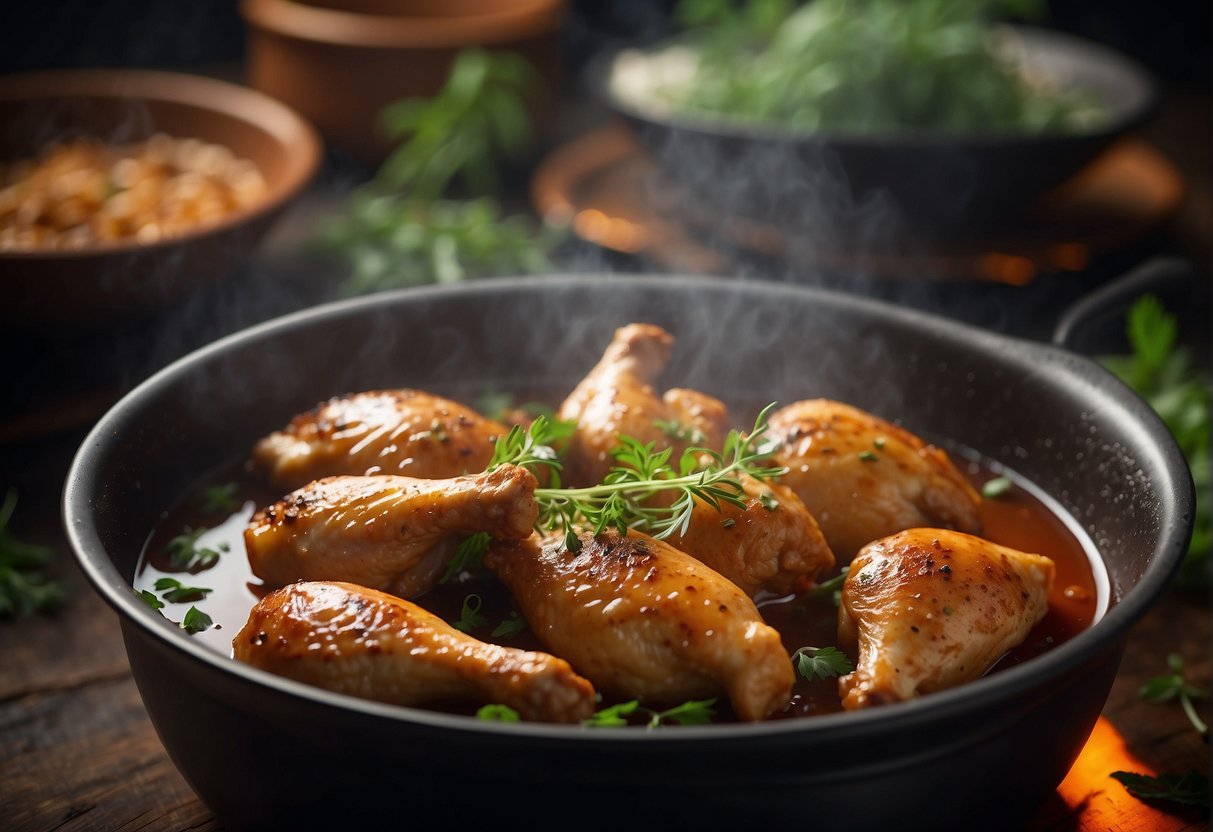 Chicken drumsticks simmering in a savory Chinese braising liquid, surrounded by aromatic herbs and spices in a bubbling pot