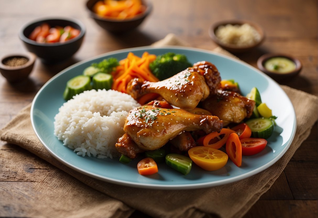 A plate of braised chicken drumsticks with Chinese spices, surrounded by colorful vegetables and a side of steamed rice