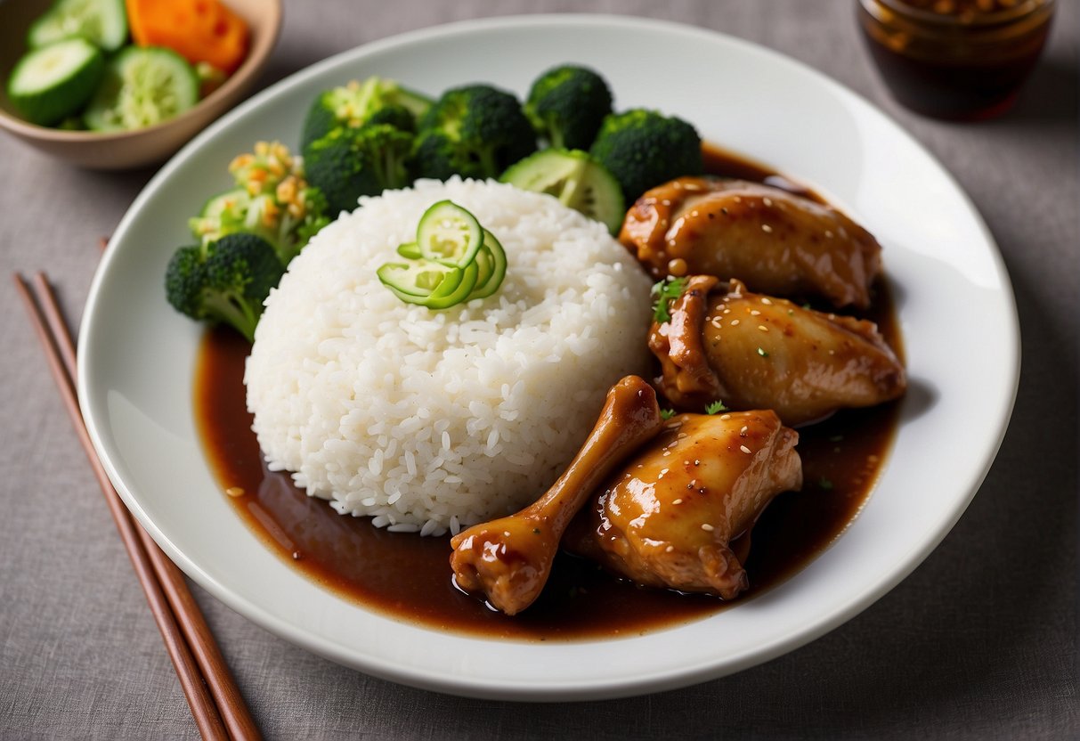 A plate of braised chicken drumsticks with steamed rice, stir-fried vegetables, and a side of soy sauce