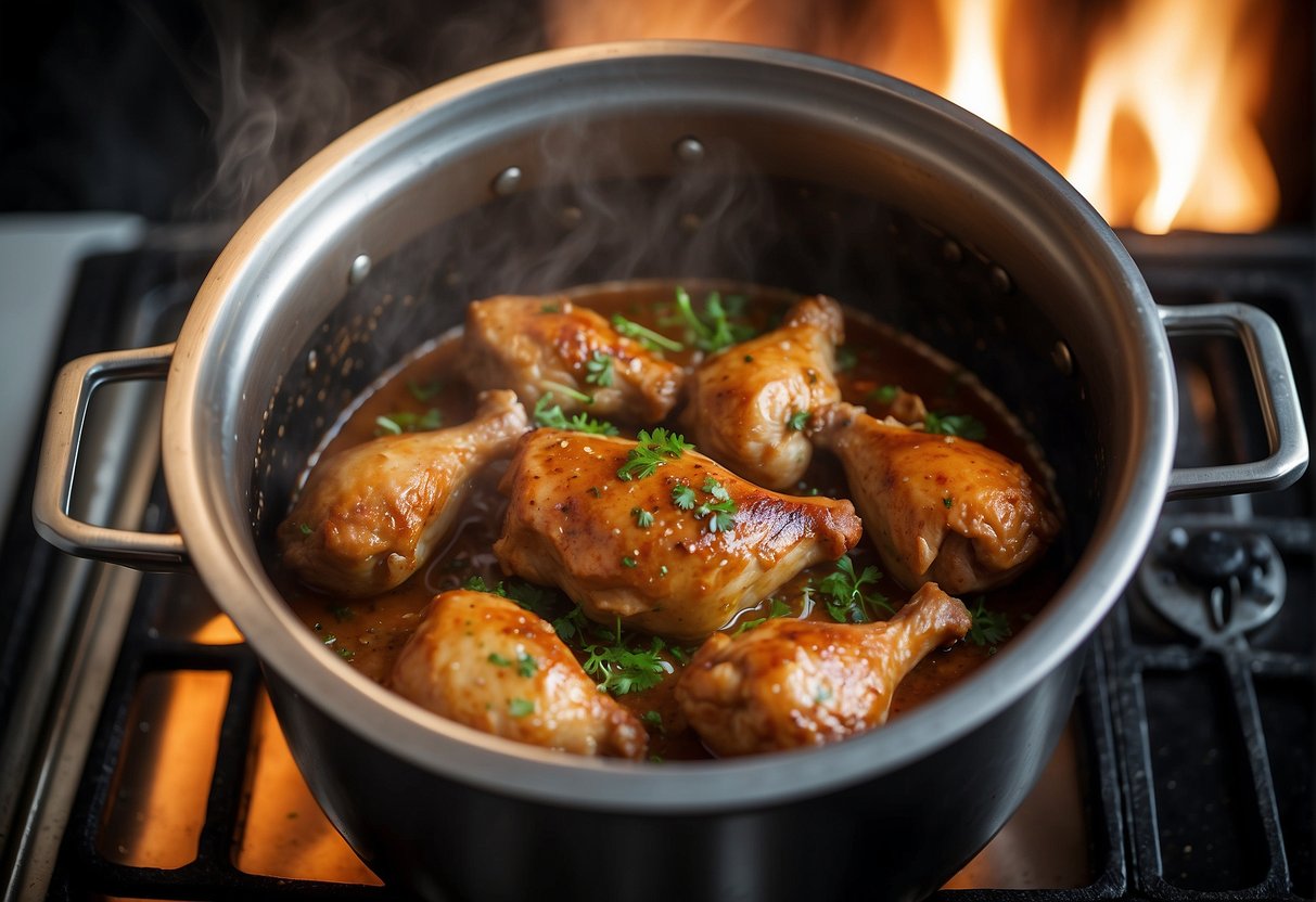 A pot of braised chicken drumsticks sits on a stove. Steam rises as the lid is lifted to reveal succulent meat in a rich, fragrant sauce