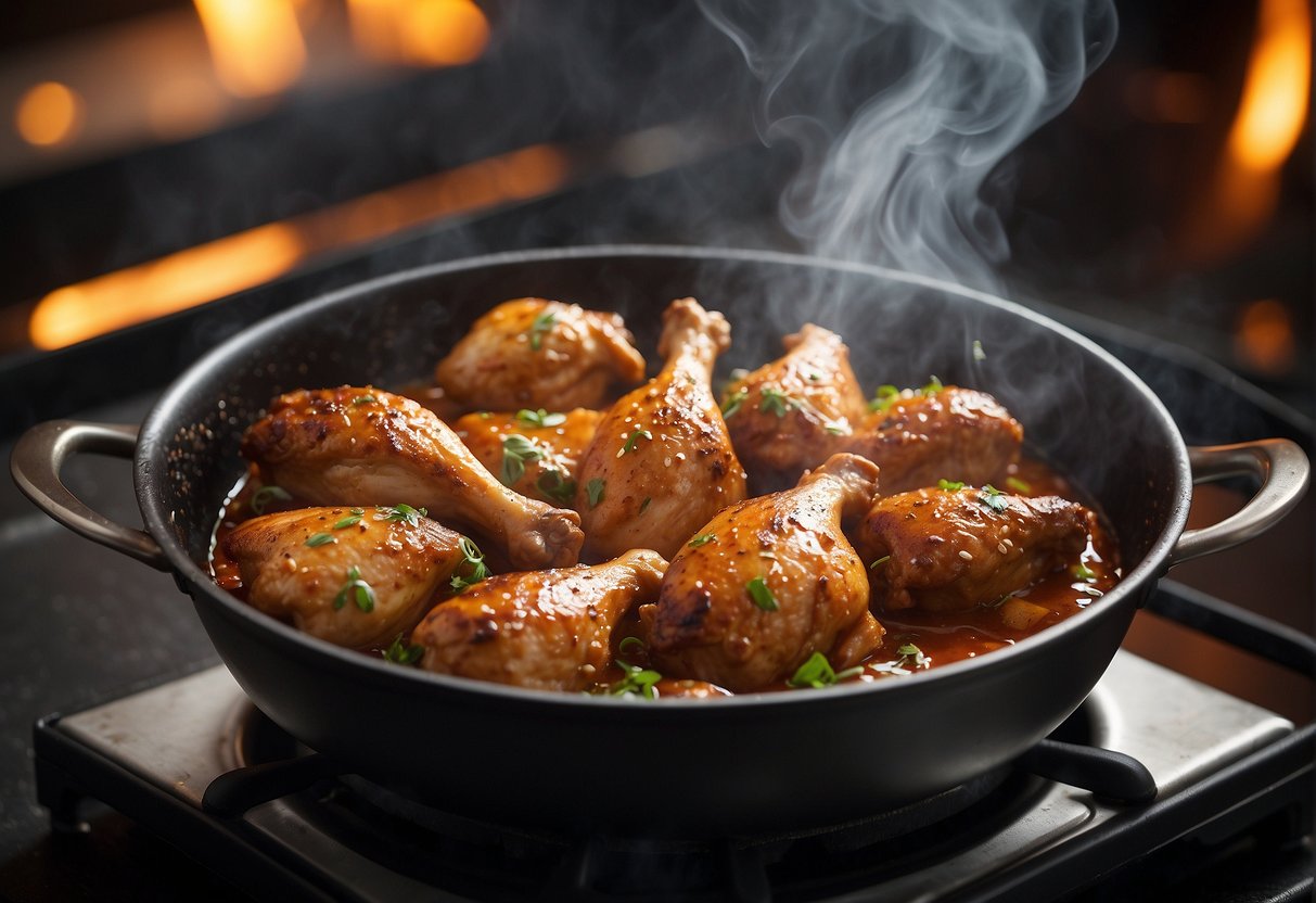 A sizzling skillet holds tender chicken drumsticks in a flavorful Chinese braising sauce. Steam rises as the aroma of spices fills the air