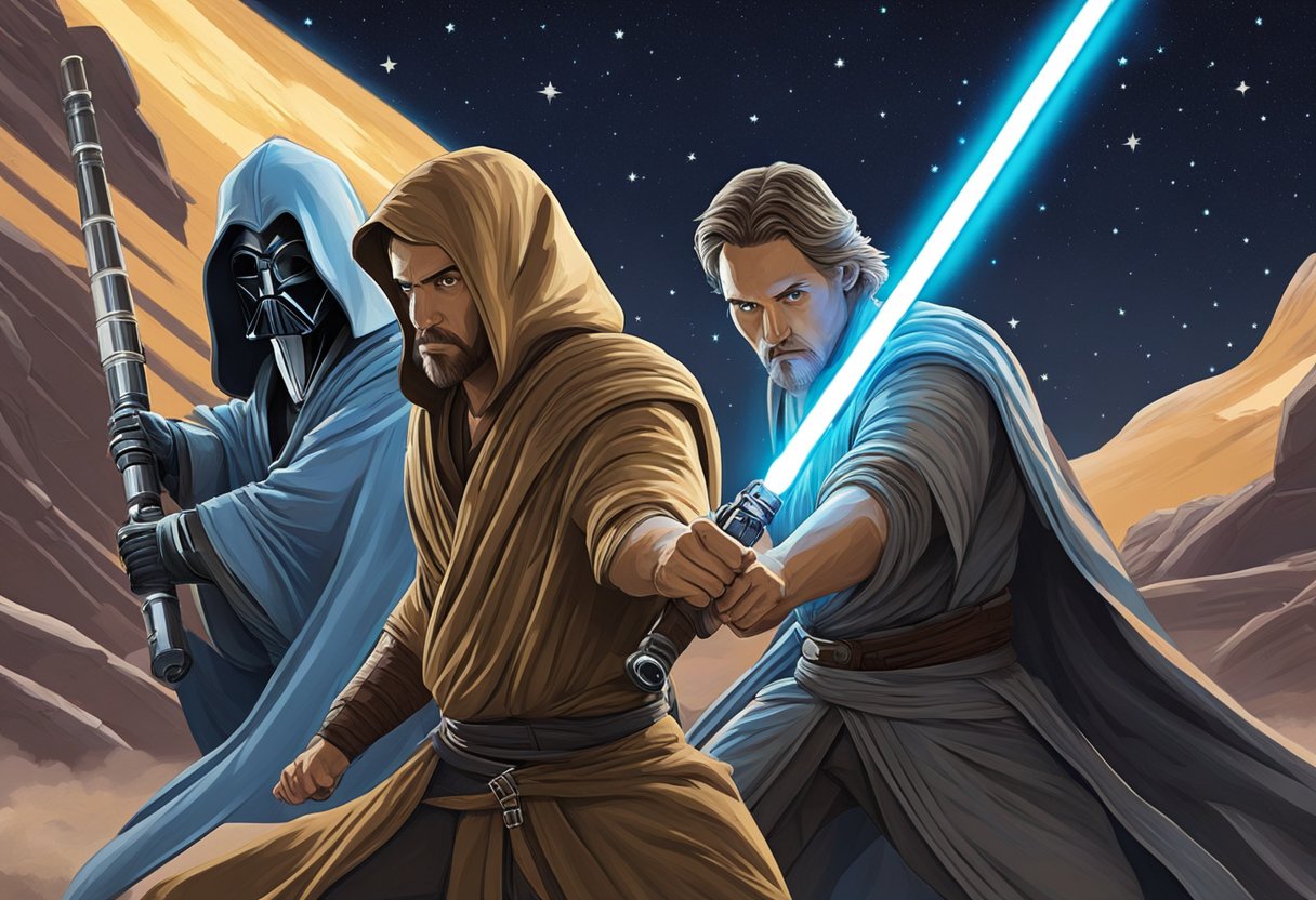 Two Jedi warriors clash lightsabers under a starry Orlando night sky. The glow of their weapons illuminates the dark surroundings as they engage in an intense battle