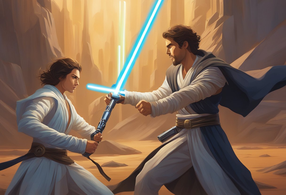 Two individuals engage in a fierce lightsaber battle, the glow of their weapons illuminating the dark surroundings. The clash of energy swords creates dynamic, intense movement