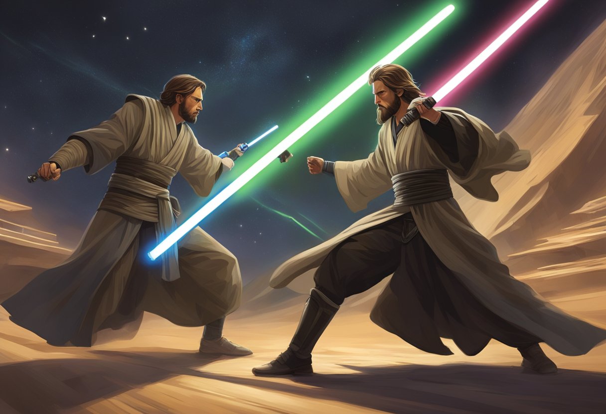 Two Jedi engage in a fast-paced lightsaber duel, their blades clashing and sparking in the dimly lit arena. The intense battle creates dynamic movement and energy, with the combatants displaying skill and agility