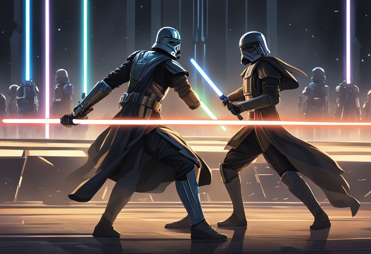 Two lightsaber-wielding figures face off in a dimly lit arena, surrounded by futuristic equipment and gear. The glow of their weapons illuminates the tension in the air