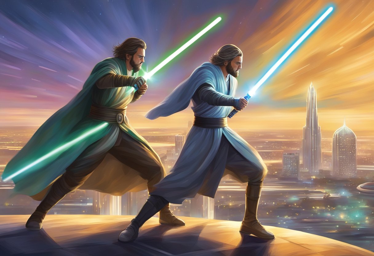 Two Jedi knights clash in a dynamic lightsaber duel, their blades creating streaks of light against the backdrop of Orlando's skyline