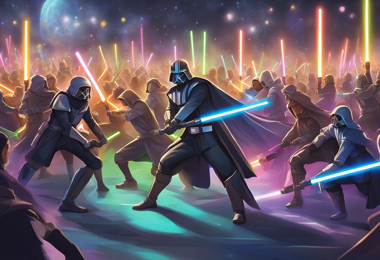 A group of people engage in lightsaber battles at a local event in Orlando, with colorful lightsabers clashing in a dramatic and dynamic display