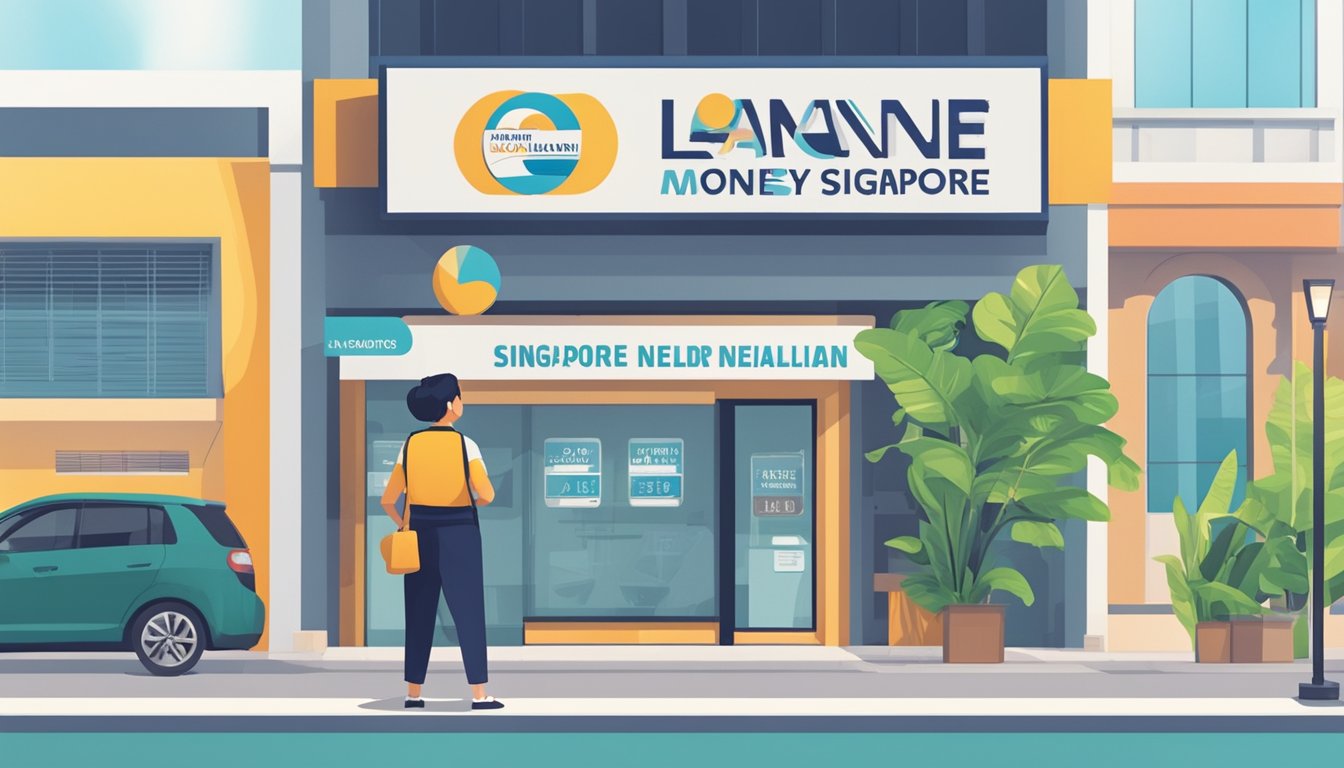 A person stands confidently in front of a sign displaying the maximum loan amount offered by a licensed money lender in Singapore. The sign is clear and prominent, with bold lettering and official logos, conveying trust and reliability