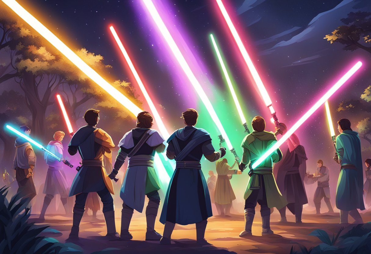 A group of people gather in a park at night, holding lightsabers and engaging in epic battles. The glow of the colorful lightsabers illuminates the darkness, creating a mesmerizing and exhilarating scene