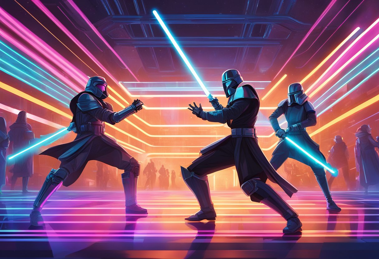 Two lightsaber-wielding figures clash in a futuristic arena, surrounded by glowing neon lights and holographic projections in Orlando