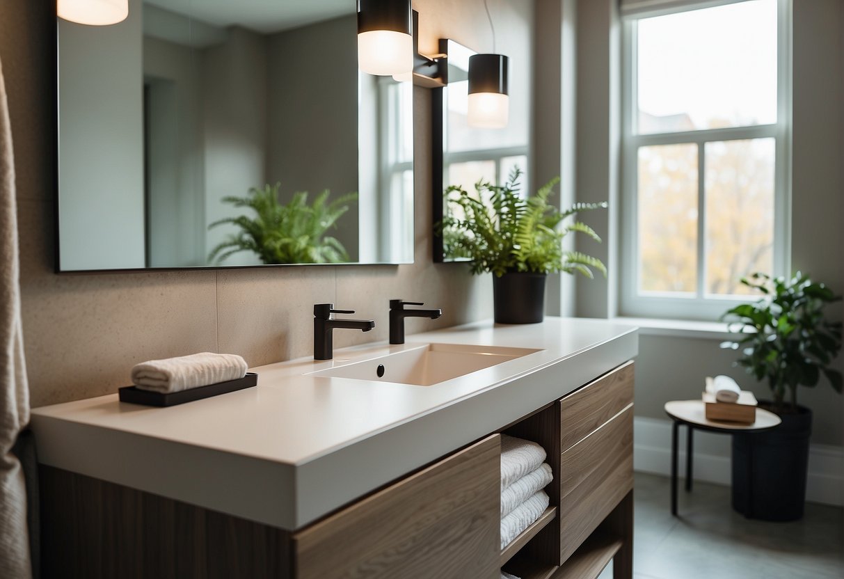 A small bathroom with modern fixtures and a neutral color palette. Creative storage solutions and natural lighting enhance the space