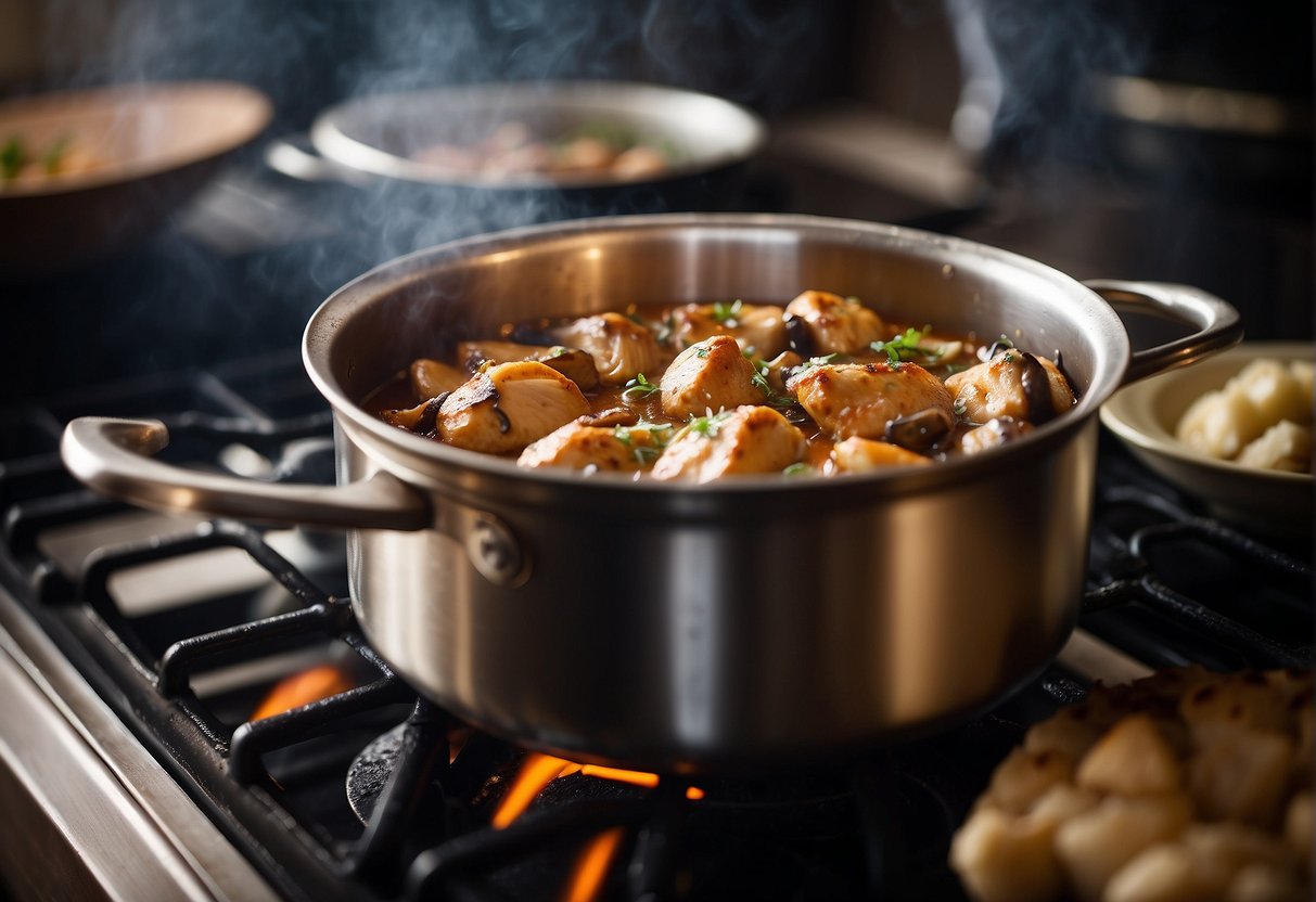 A pot of braised chicken and mushrooms simmers on a stove, filling the air with savory aromas. Chopsticks rest on the side