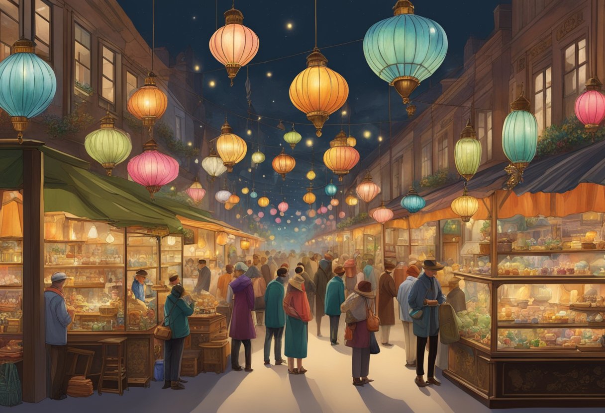 A bustling market with rows of vintage furniture, ornate jewelry, and colorful glassware. Customers browse through the eclectic array of antiques under the glow of hanging lanterns