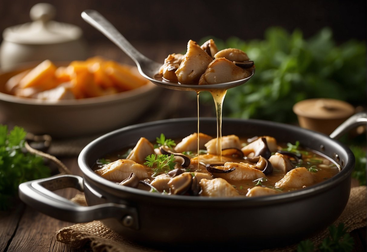 Chicken and mushrooms simmer in a Chinese braising liquid, filling the kitchen with savory aromas