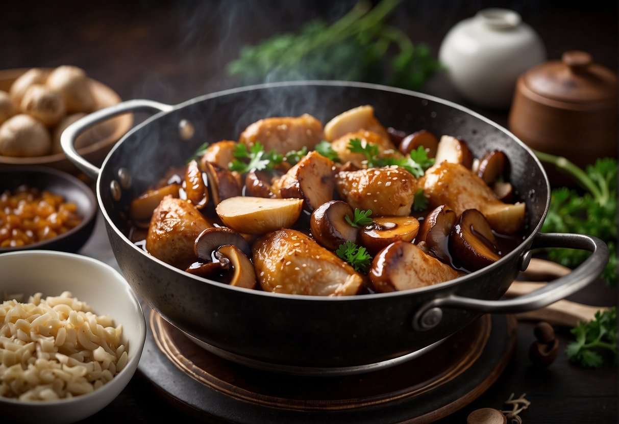 Braised chicken and mushrooms sizzling in a wok, surrounded by Chinese cooking ingredients like soy sauce, ginger, and garlic