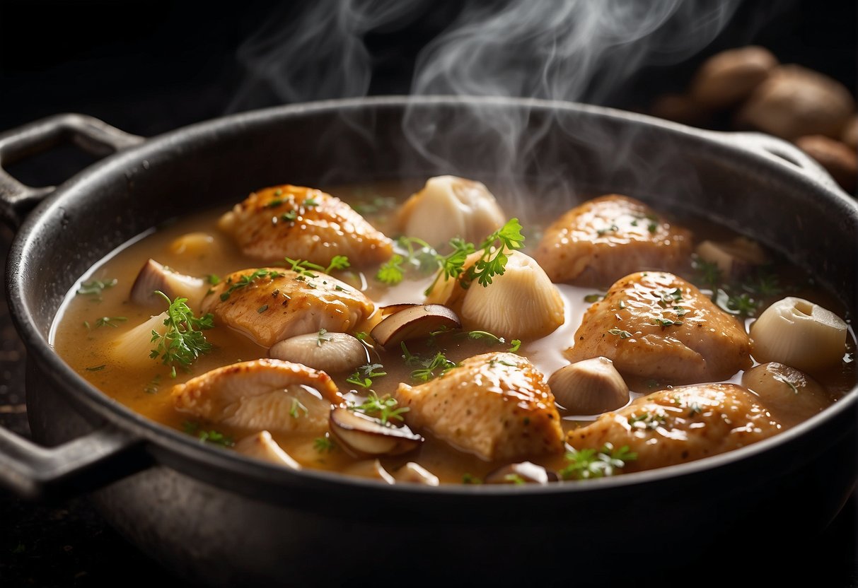 Chicken pieces simmer in a savory broth with sliced mushrooms, ginger, and garlic. Aromatic steam rises from the bubbling pot