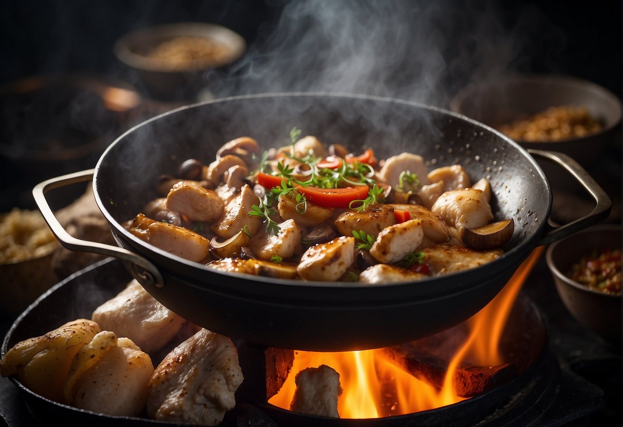 Chicken and mushrooms sizzling in a wok with Chinese spices and sauces. Steam rising, aromas filling the air