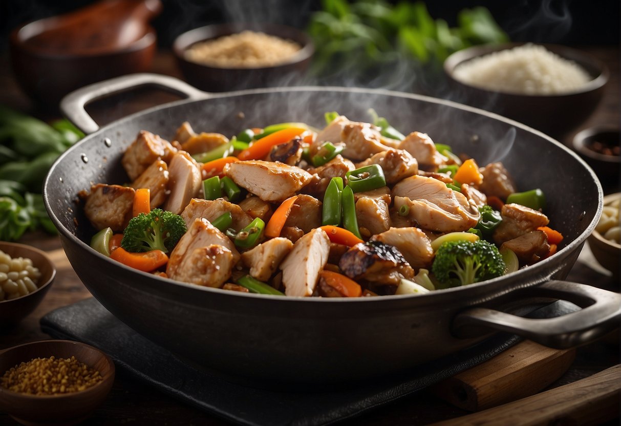 Braised chicken and mushroom stir-fry sizzling in a wok, surrounded by colorful Chinese spices and herbs. A steaming pot of fragrant jasmine rice sits nearby, ready to be served