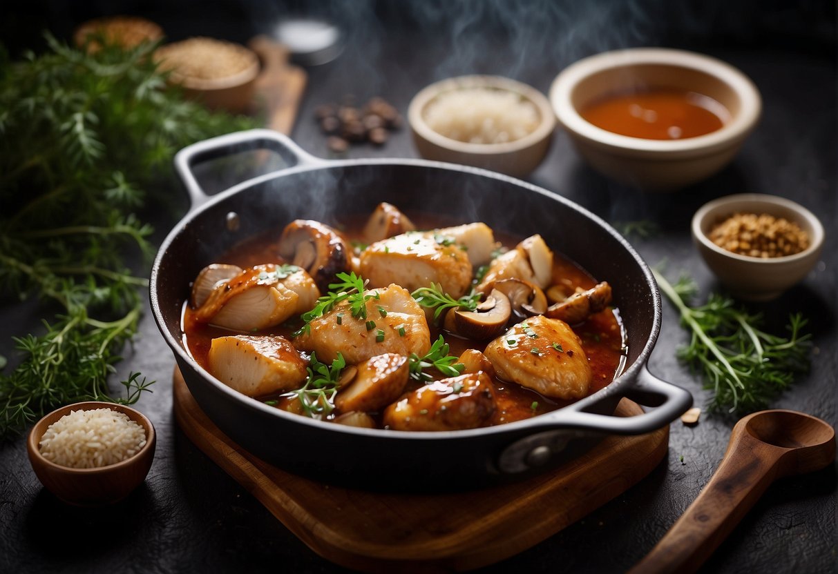A sizzling pan of braised chicken and mushrooms in a savory Chinese sauce, surrounded by aromatic herbs and spices