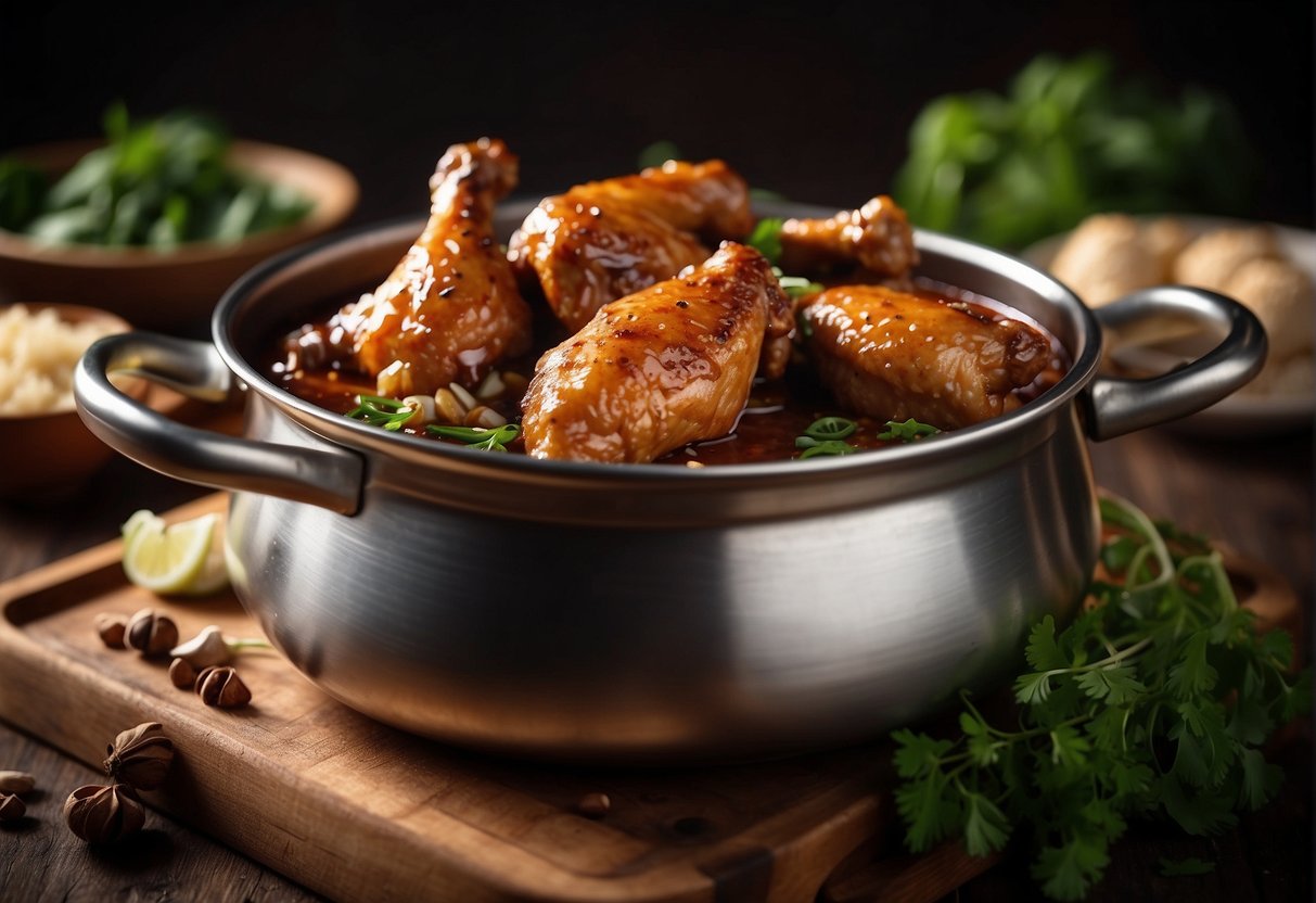Braised chicken wings simmer in a savory Chinese sauce, surrounded by aromatic spices and herbs in a traditional cooking pot