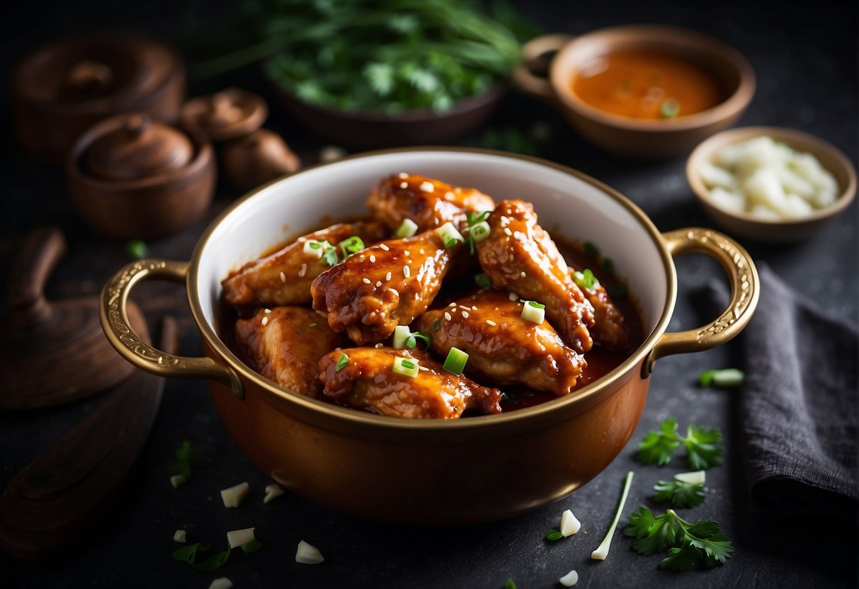 A pot of simmering chicken wings in a rich, savory sauce with soy, garlic, and ginger, surrounded by aromatic star anise and green onions