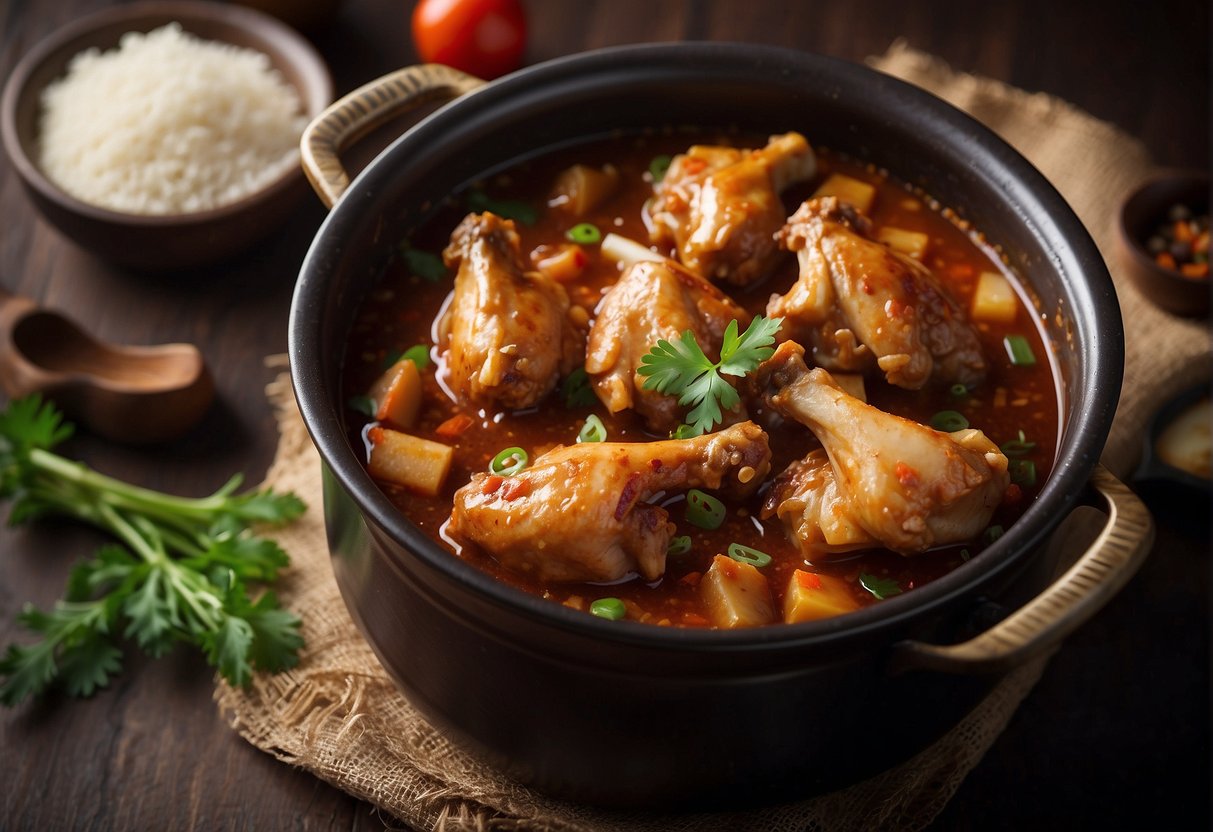 A pot simmering with braised chicken wings in a rich Chinese sauce, surrounded by aromatic spices and herbs