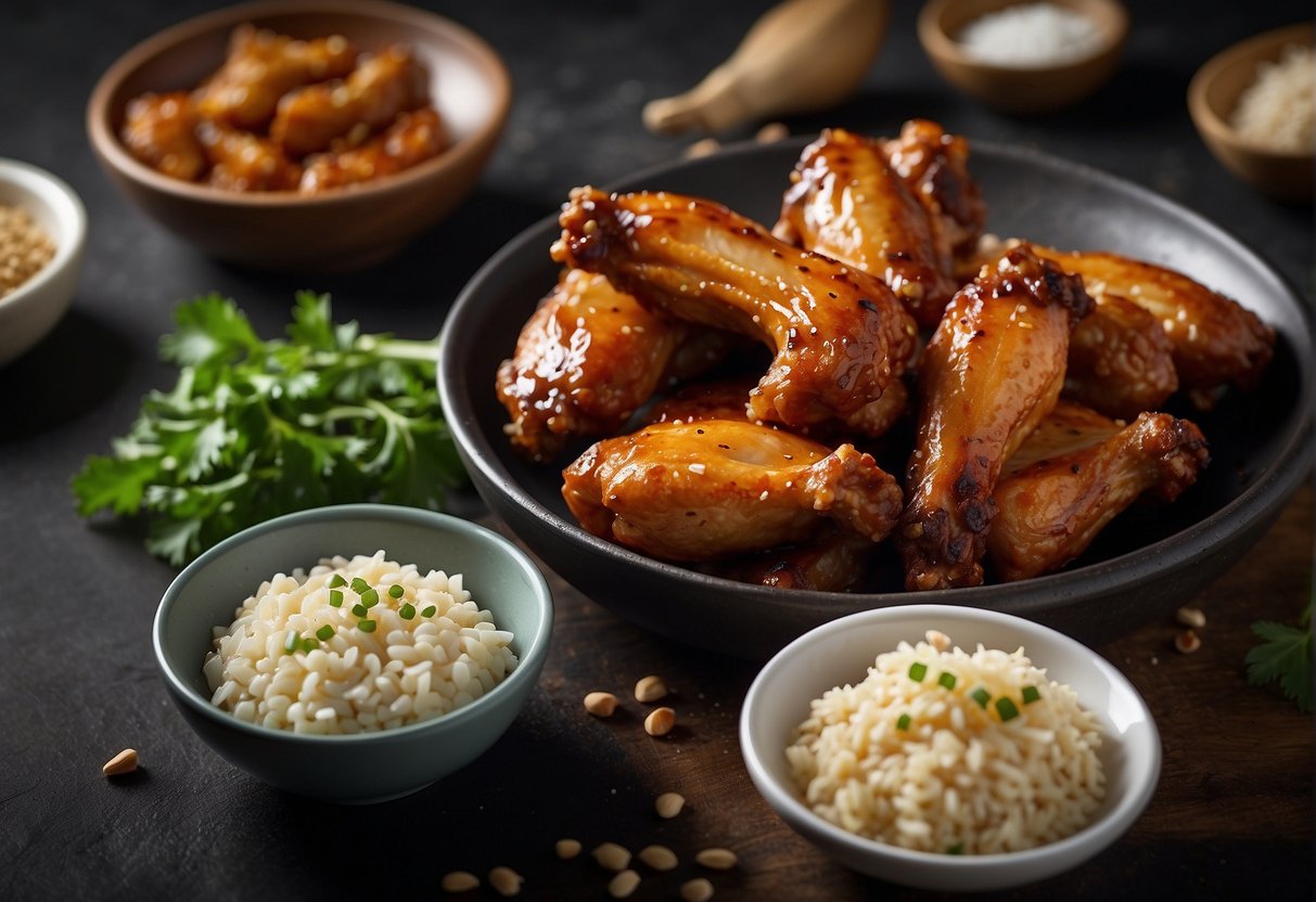 A table holds bowls of soy sauce, ginger, and garlic. Chicken wings sit nearby. Oil sizzles in a pan