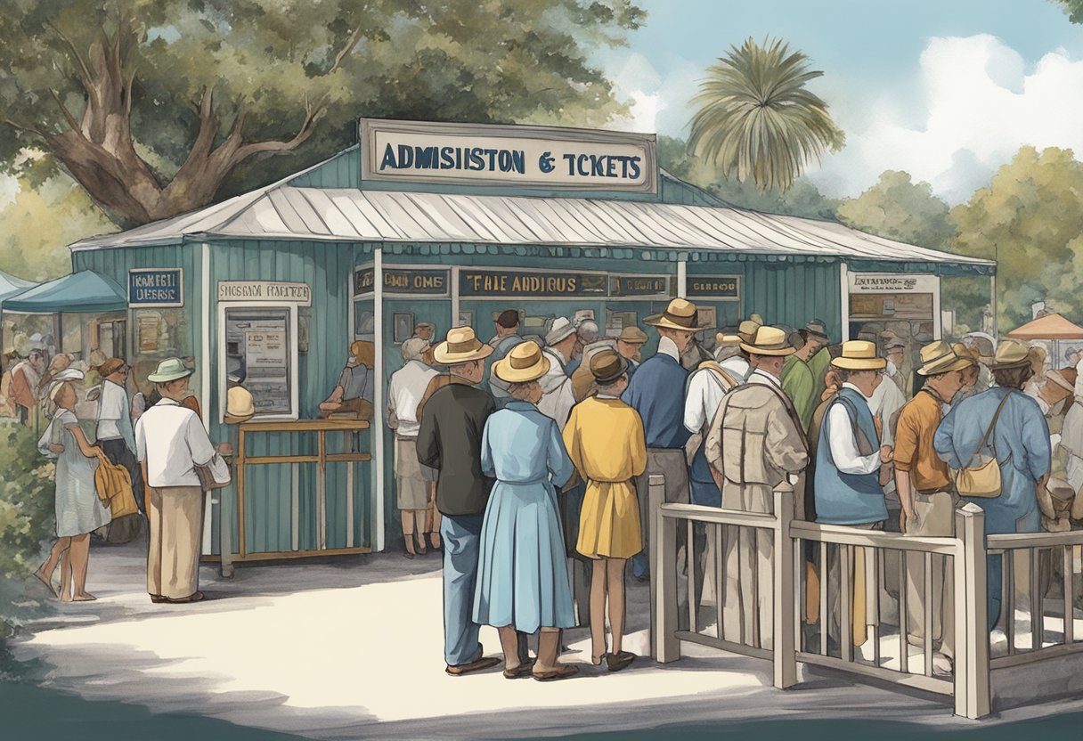 A line of people waits to purchase tickets at the entrance of the Orlando Antique Shows. A sign above the booth reads "Admission and Tickets."