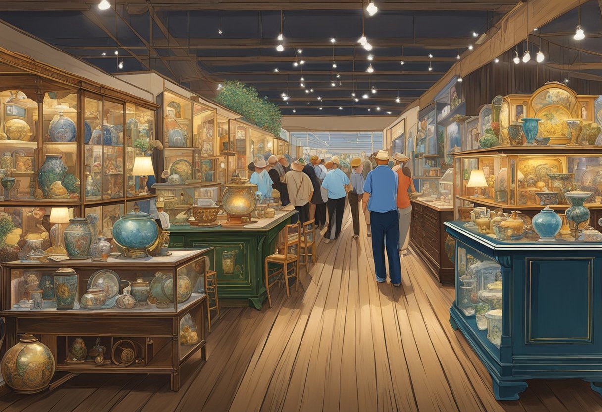 The bustling Orlando Antique Shows feature a variety of unique and vintage items displayed on ornate tables and shelves. Bright lights illuminate the intricate details of the collectibles