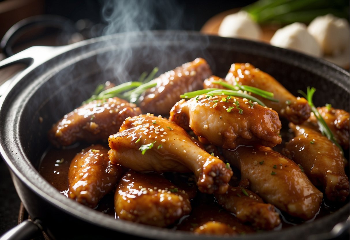 Chicken wings simmer in soy sauce, ginger, and garlic. Steam rises from the pot as the savory aroma fills the kitchen