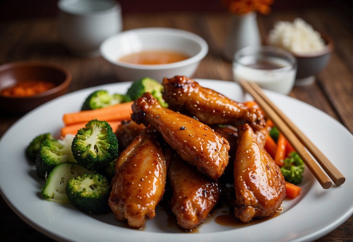 Braised chicken wings arranged on a decorative plate with chopsticks and a side of steamed vegetables
