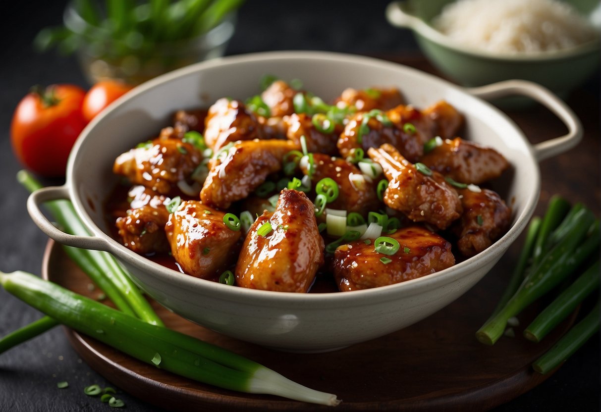 A sizzling wok filled with braised chicken wings in a savory Chinese sauce, surrounded by vibrant green scallions and aromatic spices