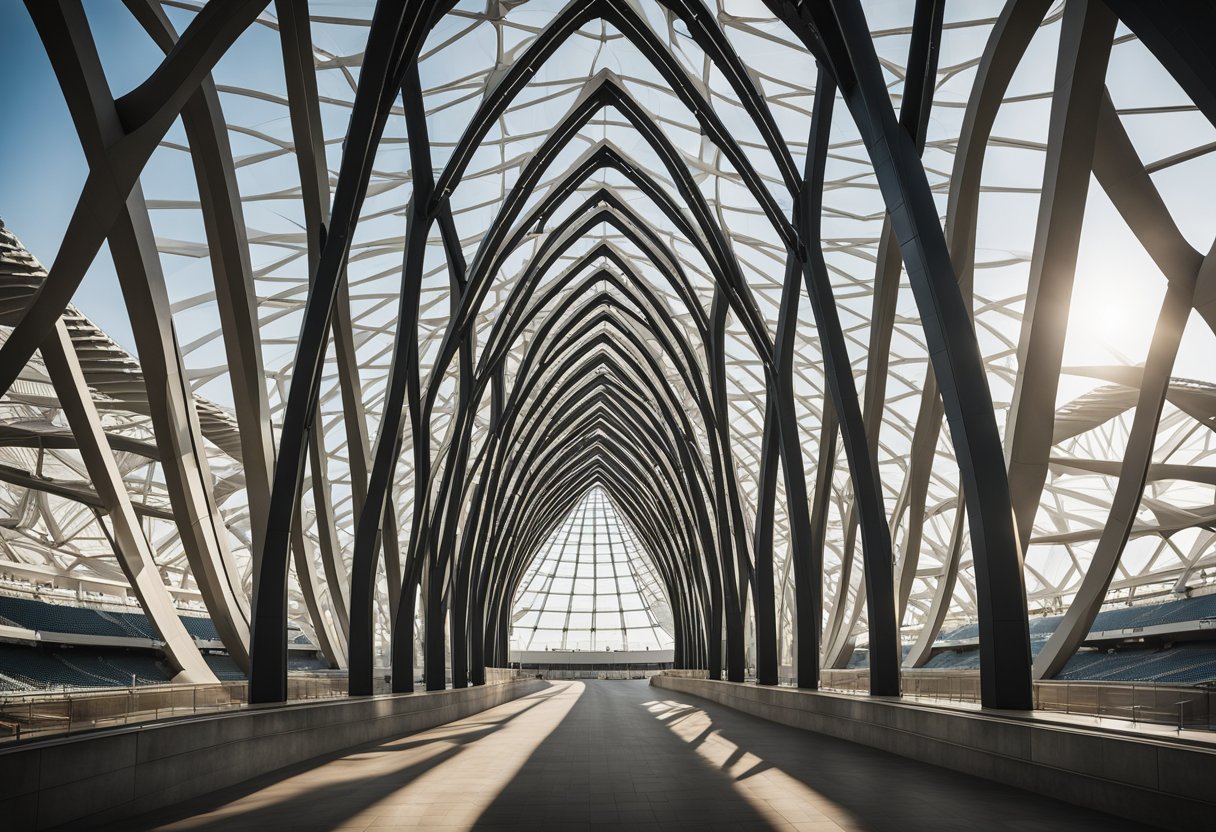 The towering arches of Moses Mabhida Stadium loom overhead, with sleek lines and modern design showcasing the impressive engineering and construction features