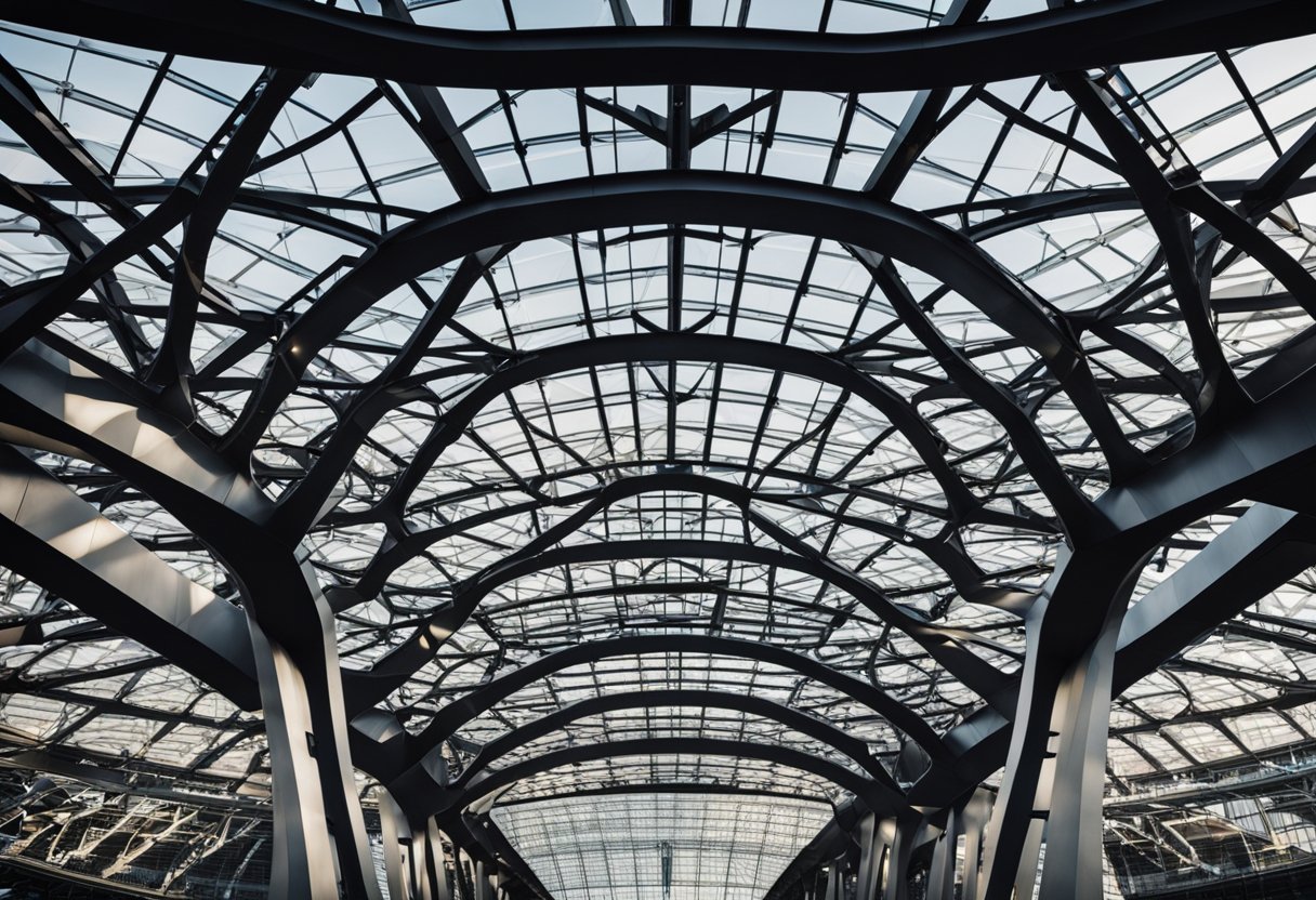 The intricate steel arches soar above the stadium, supporting the iconic roof structure. The innovative design showcases the engineering marvel of the stadium's construction features