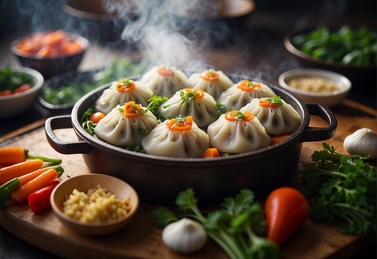 A steaming bamboo steamer filled with colorful vegetarian dumplings, surrounded by vibrant fresh vegetables and aromatic herbs