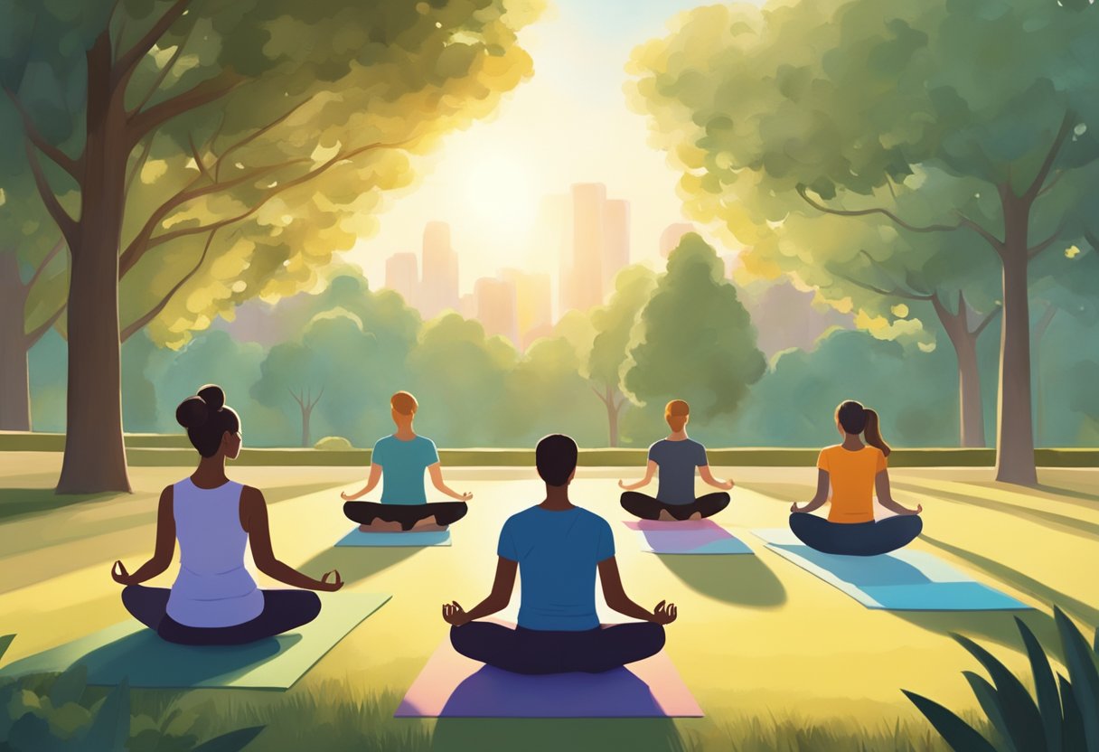 People peacefully practicing yoga in a serene park setting. Sun shining, trees in the background, and a sense of tranquility in the air