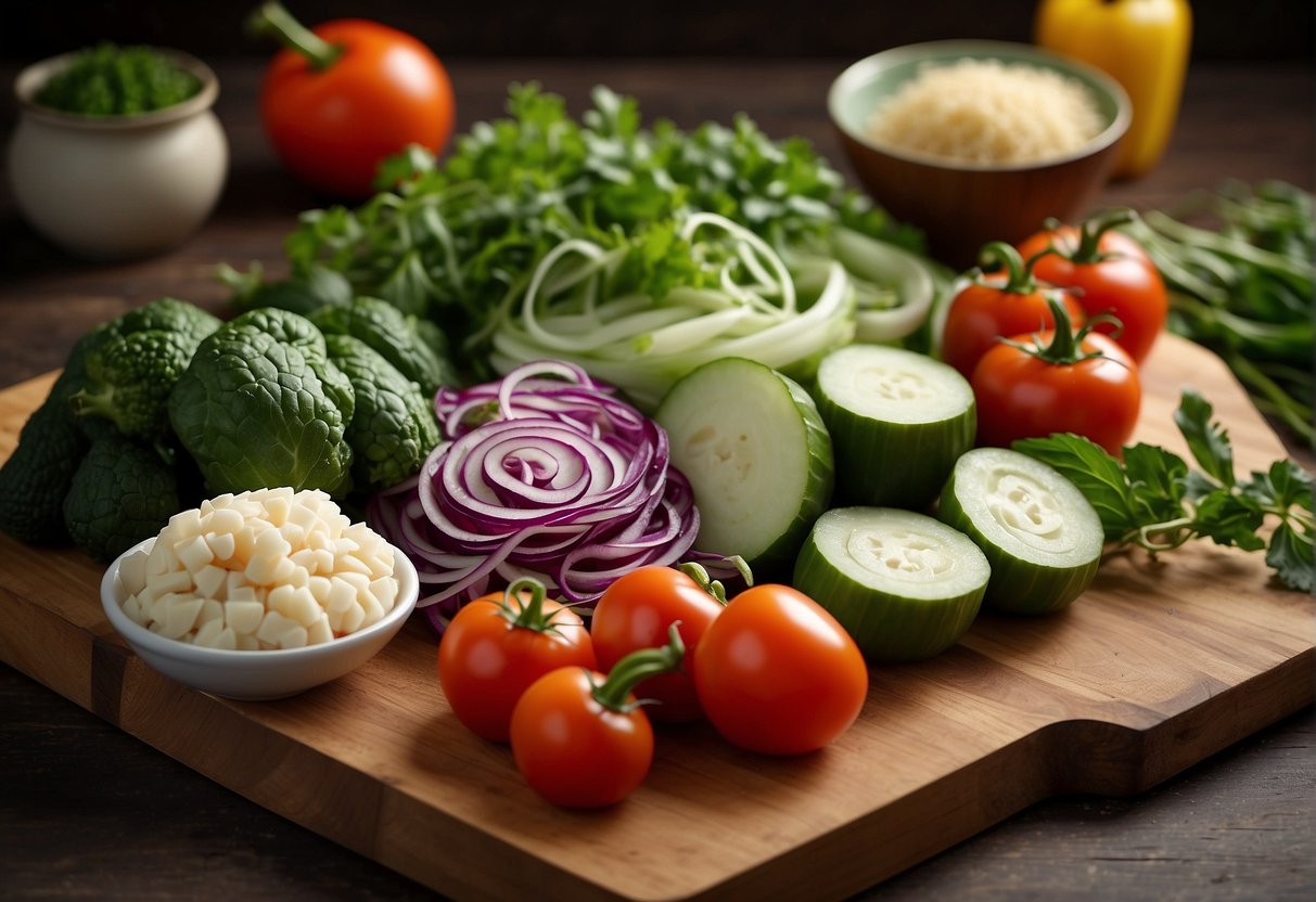 A colorful array of fresh vegetables and herbs, neatly chopped and arranged on a clean, wooden cutting board, ready to be folded into delicate dumpling wrappers