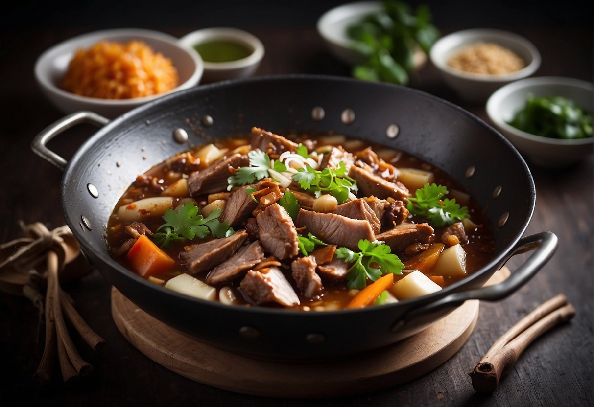 A large wok sizzles with braised duck in a fragrant Chinese sauce, surrounded by ginger, garlic, and star anise