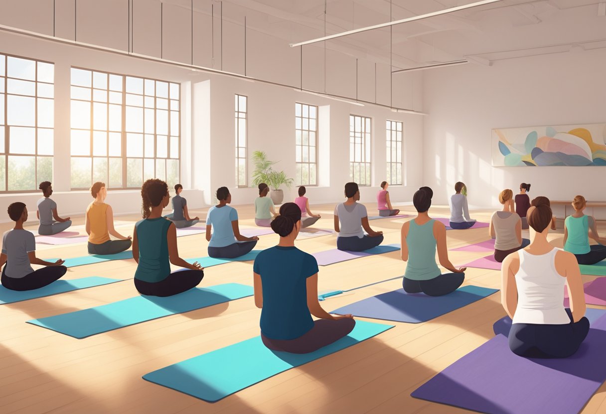 People gather in a spacious, sunlit studio, mats laid out in rows. A serene atmosphere fills the room as the instructor guides students through various yoga poses