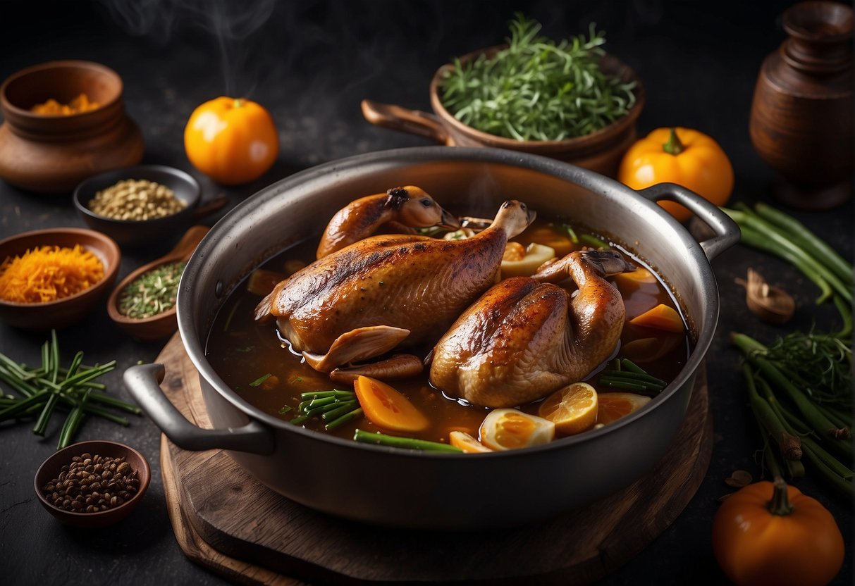 A whole duck simmering in a rich, aromatic Chinese-style braising liquid, surrounded by fragrant spices and herbs