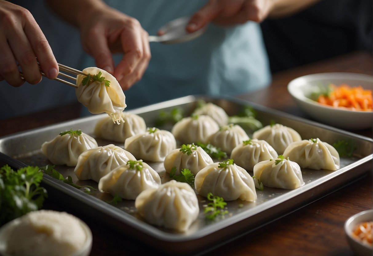 Ingredients being mixed, rolled, and filled with vegetable filling. Dumplings being folded and arranged on a tray for steaming