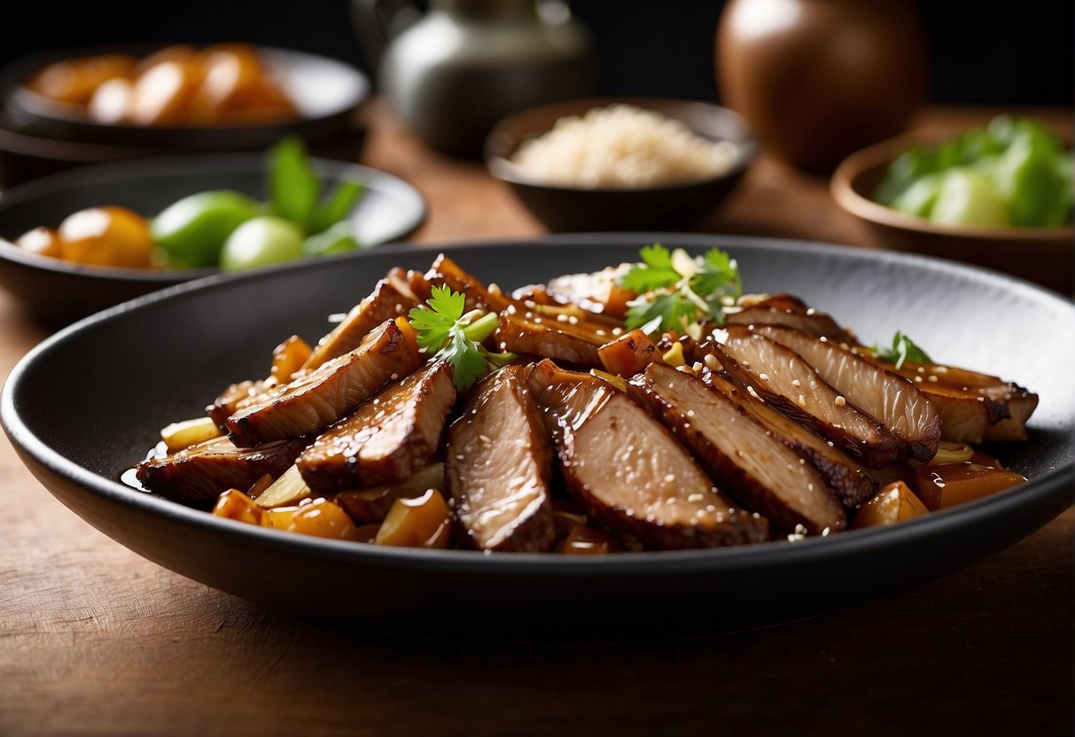 Duck pieces marinated in soy, ginger, and spices, then seared in a hot wok. Onions, garlic, and star anise added, simmered in soy sauce and stock