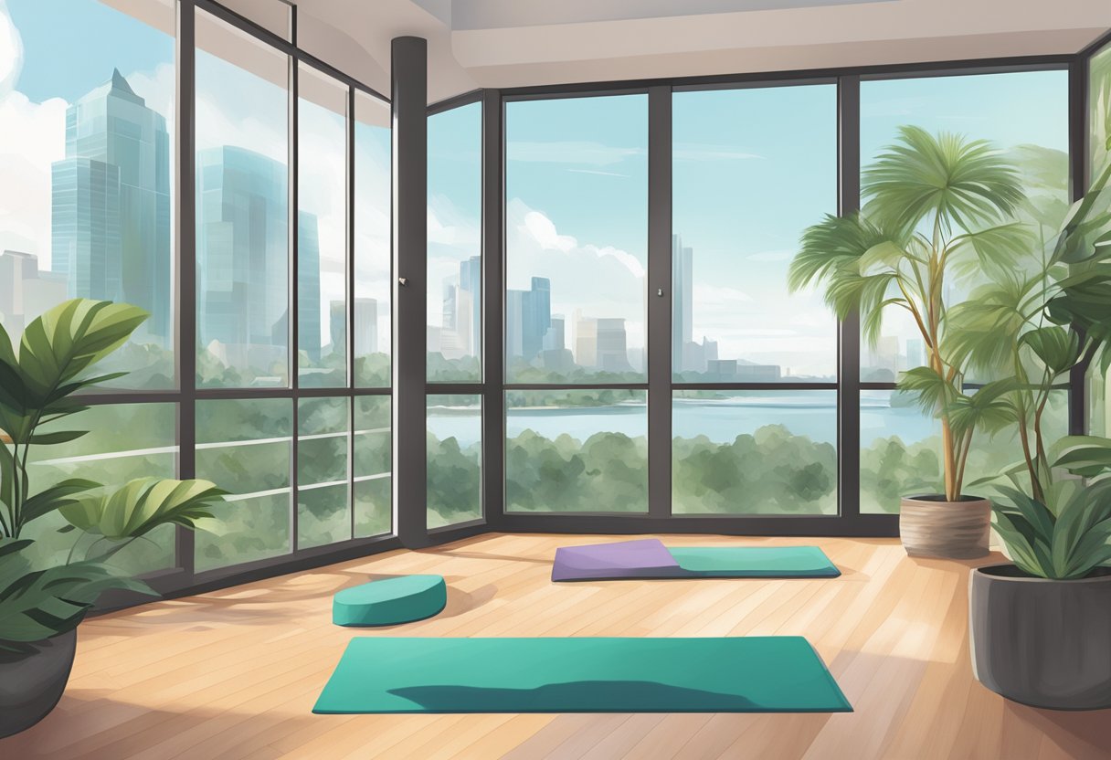 A serene yoga studio with panoramic views of Orlando's skyline and lush greenery, offering free specialized yoga classes