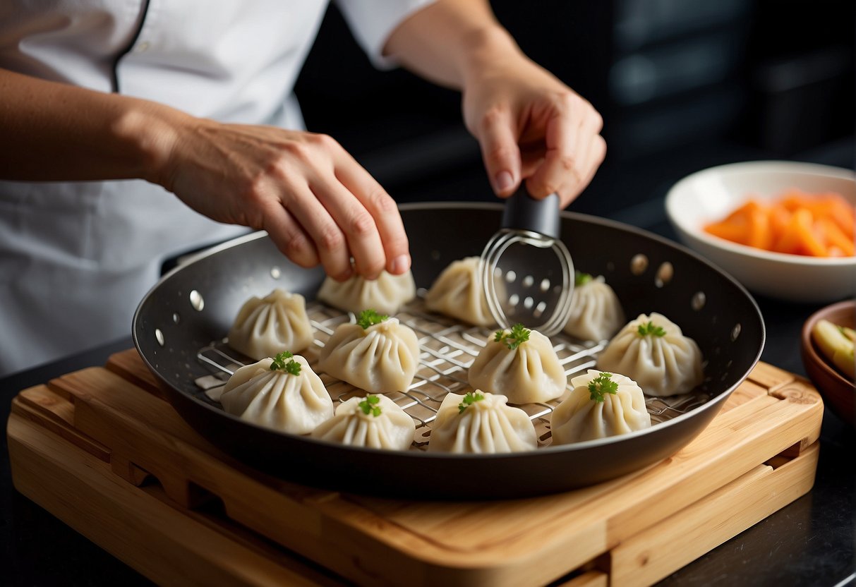 A chef folds and pinches vegetarian dumplings. They are then neatly arranged in a bamboo steamer for cooking. After cooking, the dumplings are stored in airtight containers for freshness